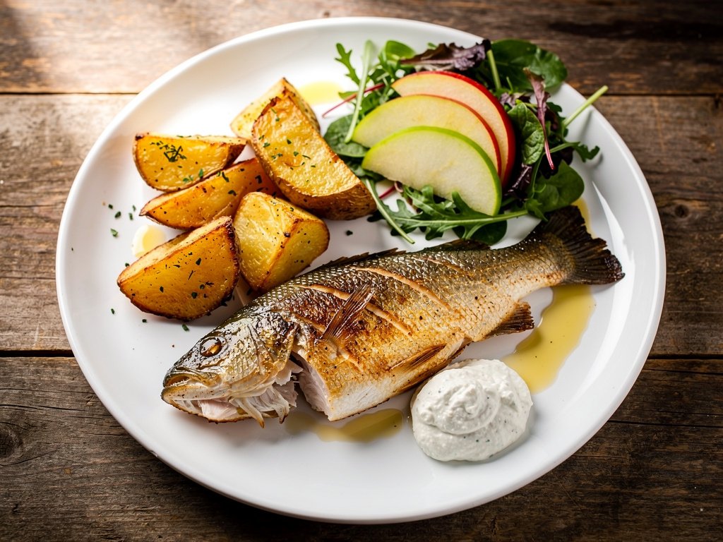 Crispy Barramundi with Horseradish Sauce, Potato Wedges, and Apple Salad