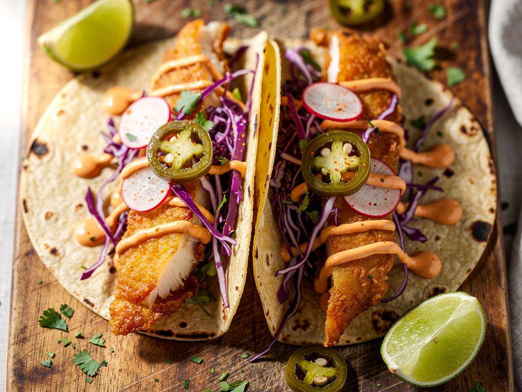 Crispy Battered Tilapia Tacos with Chipotle Mayo and Pickled Radish Slaw