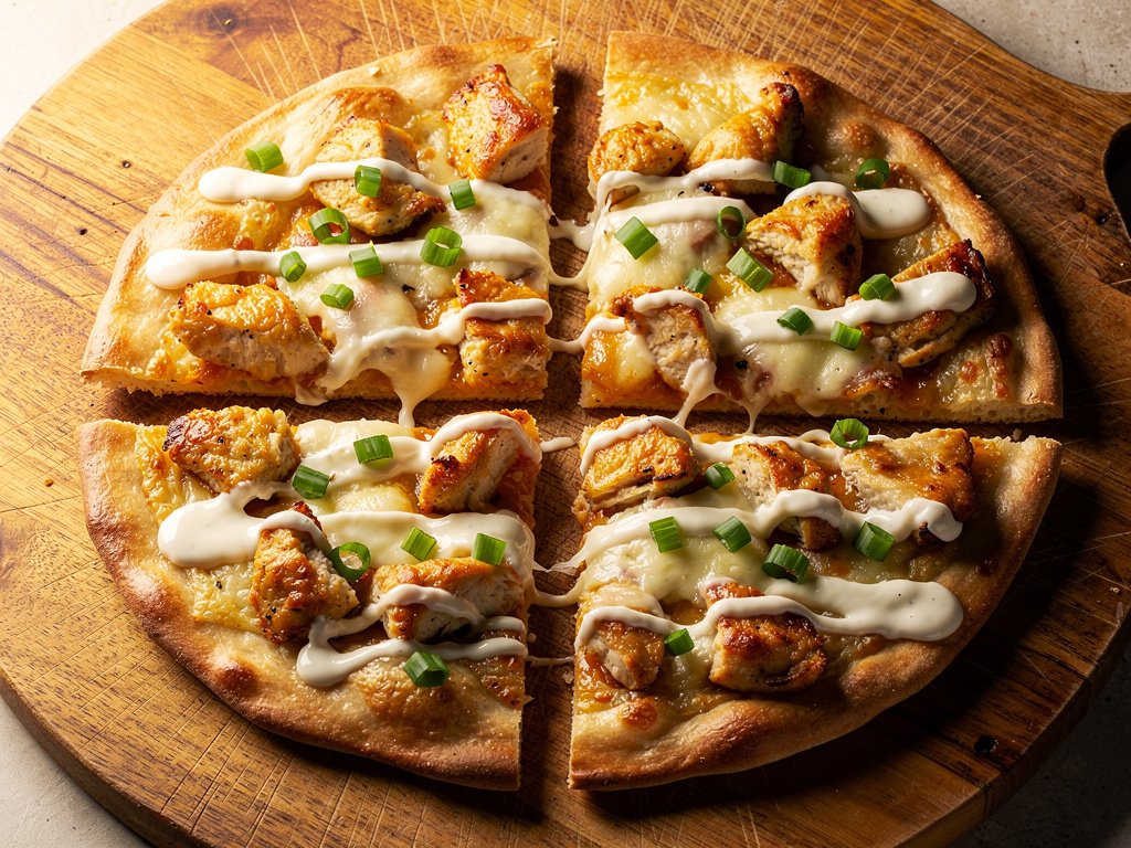 Crispy BBQ Chicken Flatbreads with Double Cheese and Ranch Drizzle