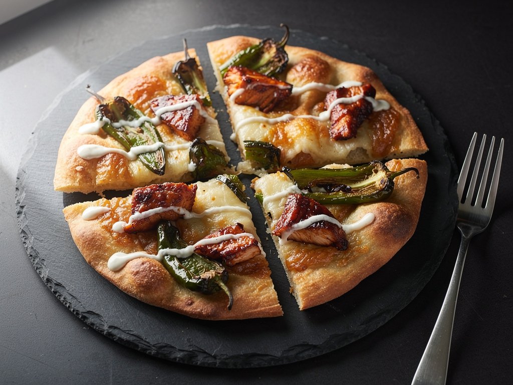 Crispy BBQ Chicken Flatbreads with Poblano and Double Cheese