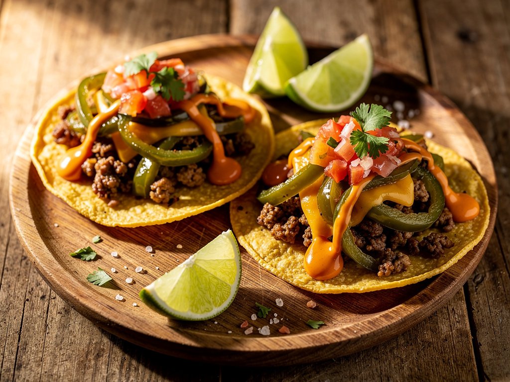 Crispy Beef and Cheese Tostadas with Bell Pepper and Tomato Salsa