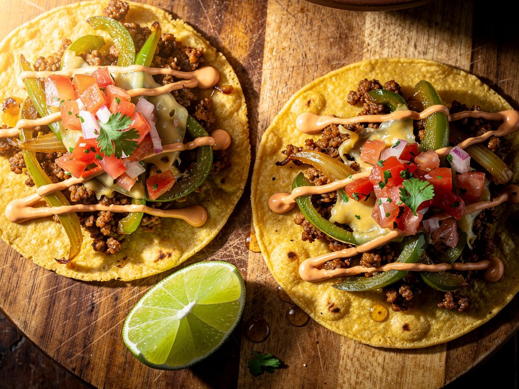 Crispy Beef and Cheese Tostadas with Green Pepper Salsa and Spicy Crema