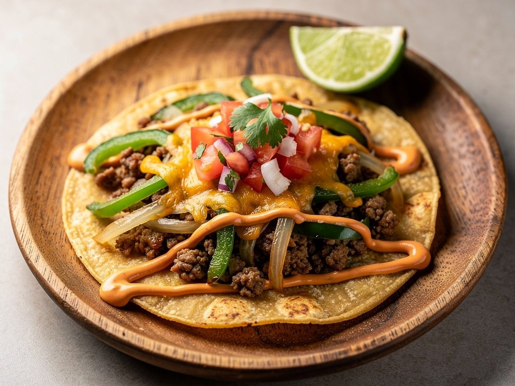 Crispy Beef Tostadas with Bell Pepper, Tomato Salsa & Spicy Crema