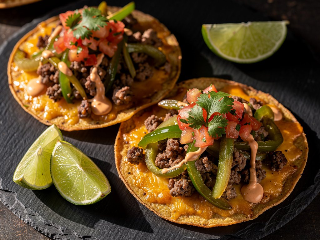 Crispy Beef Tostadas with Green Pepper Salsa and Spicy Crema