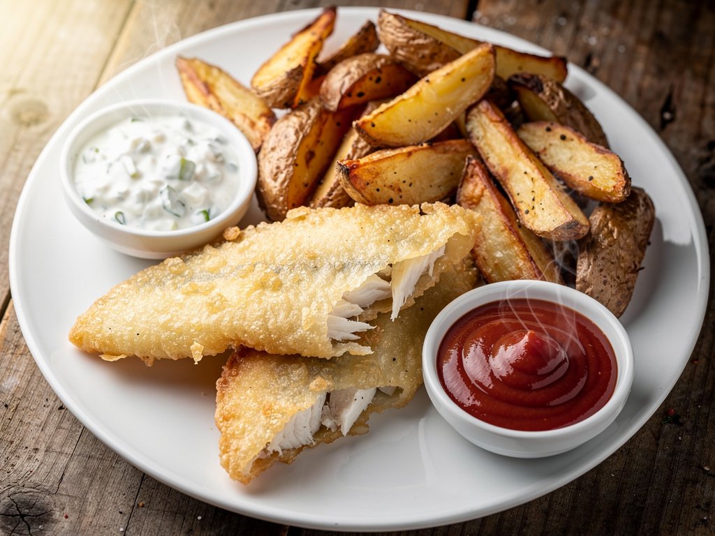 Crispy Beer-Battered Fish and Chips with Homemade Tartar Sauce and Curried Ketchup