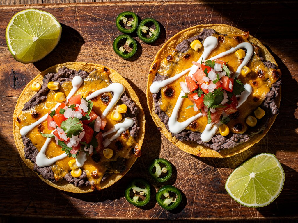 Crispy Black Bean and Corn Tostadas with Fresh Pico de Gallo and Lime Crema