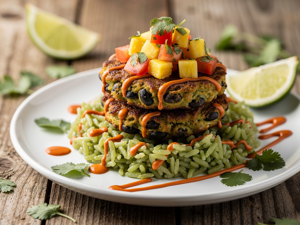 Crispy Black Bean Fritters with Pineapple Salsa and Cilantro Lime Rice