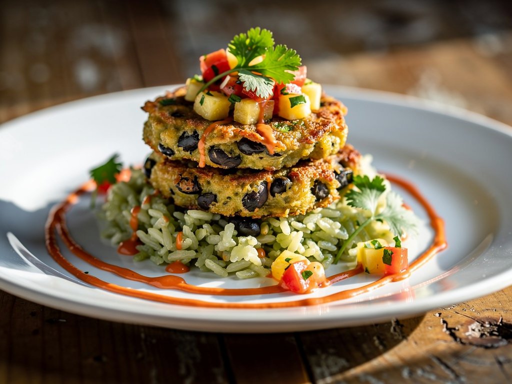 Crispy Black Bean Fritters with Pineapple Salsa and Cilantro Lime Rice