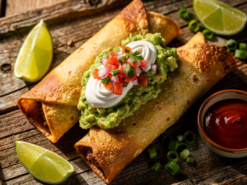 Crispy Black Bean and Poblano Flautas with Guacamole and Pico de Gallo