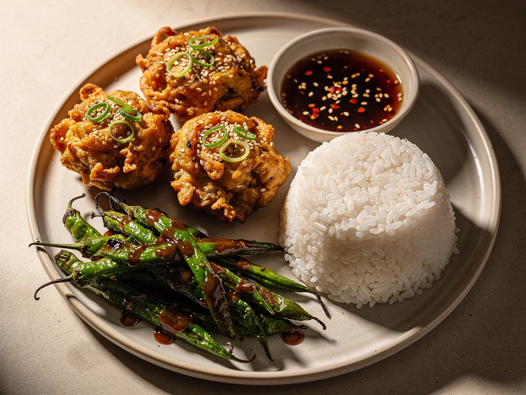 Crispy Bok Choy and Scallion Fritters with Hoisin Green Beans and Soy Ginger Sauce