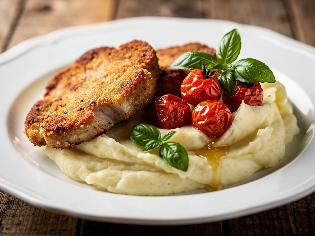 Crispy Breaded Pork Cutlets with Cheesy Mashed Potatoes and Blistered Tomatoes