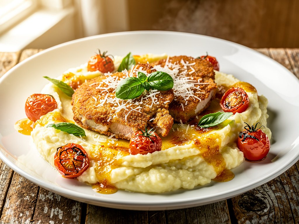 Crispy Breaded Pork Cutlets with Cheesy Mashed Potatoes and Blistered Tomatoes
