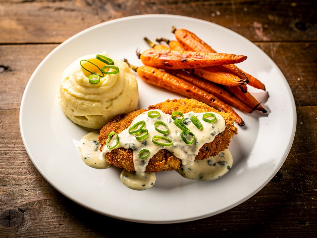 Crispy Buffalo Chicken with Blue Cheese Sauce and Scallion Mashed Potatoes