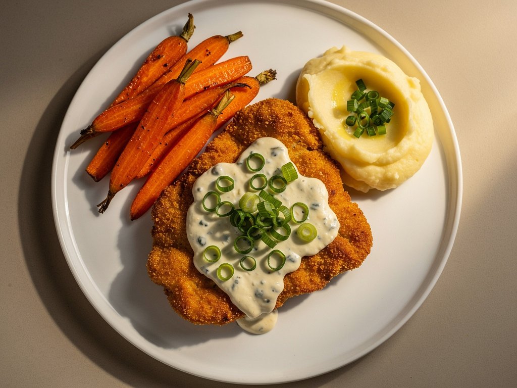 Crispy Buffalo Chicken with Blue Cheese Sauce and Scallion Mashed Potatoes