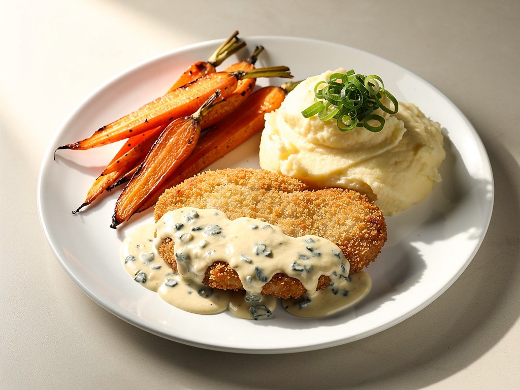 Crispy Buffalo Chicken with Blue Cheese Sauce and Scallion Mashed Potatoes