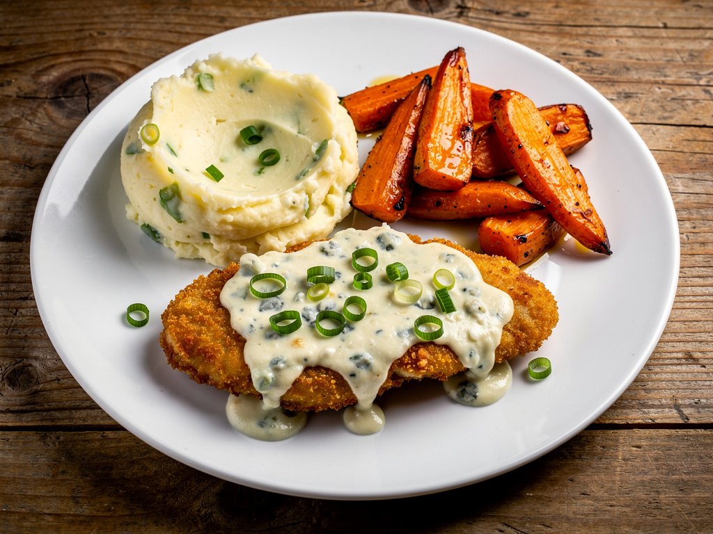 Crispy Buffalo Chicken with Blue Cheese Sauce and Scallion Mashed Potatoes