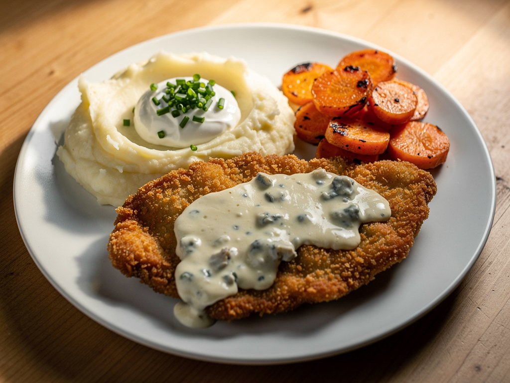 Crispy Buffalo Chicken with Blue Cheese Sauce and Sour Cream Chive Mashed Potatoes