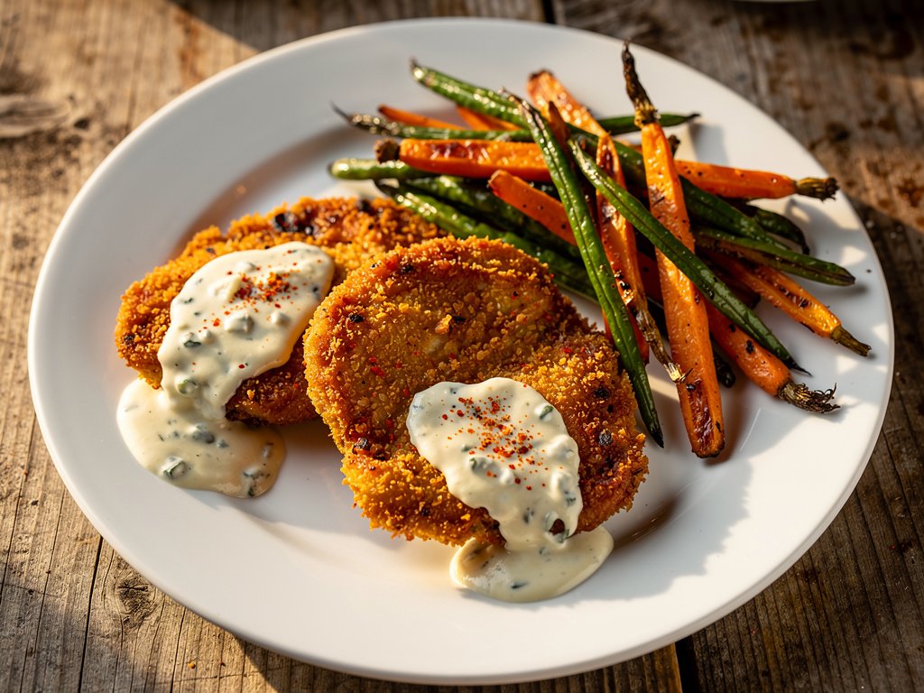 Crispy Buffalo Chicken with Blue Cheese Sauce and Roasted Vegetables