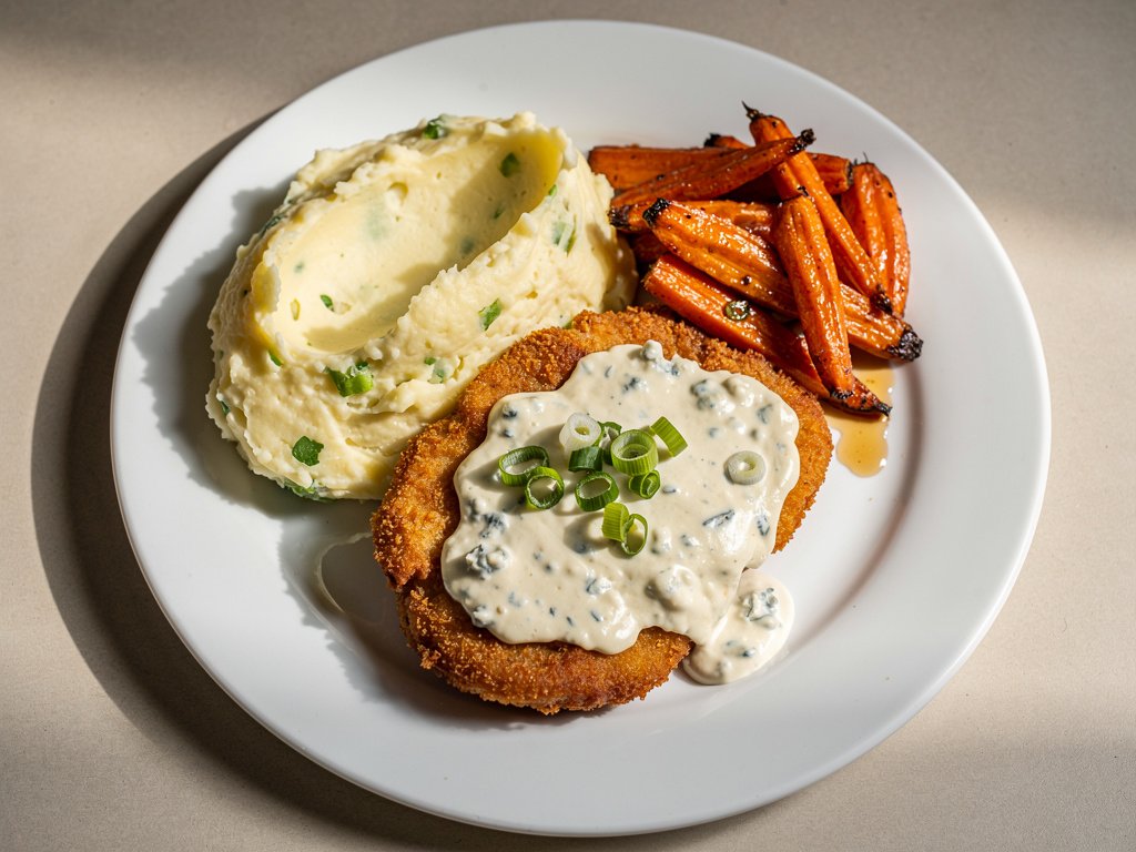 Crispy Buffalo Chicken with Blue Cheese Sauce and Scallion Mashed Potatoes