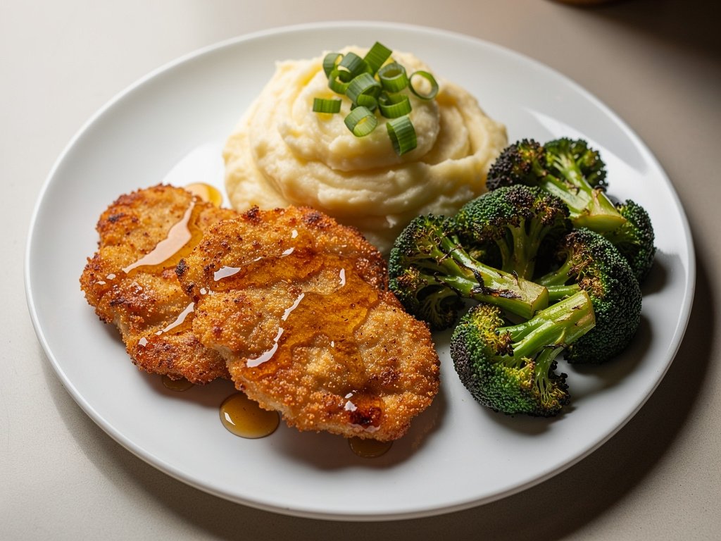 Crispy Buffalo Chicken Cutlets with Mashed Potatoes and Roasted Broccoli