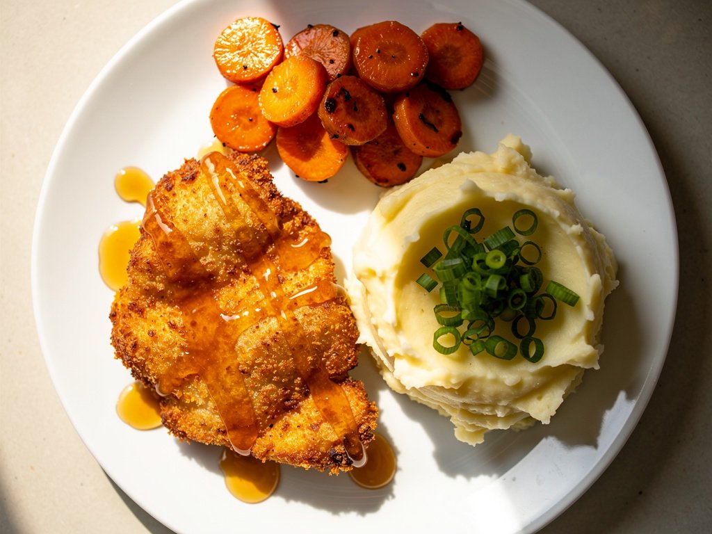 Crispy Buffalo Chicken Cutlets with Creamy Mashed Potatoes and Roasted Carrots