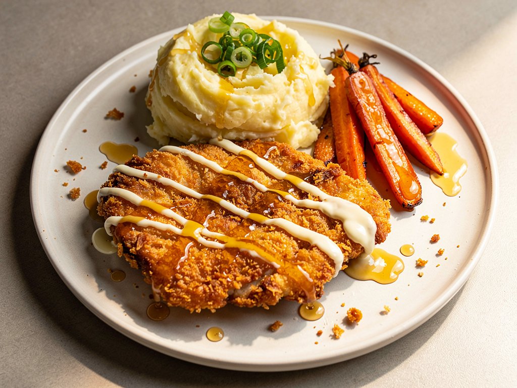 Crispy Buffalo Chicken Cutlets with Creamy Mashed Potatoes and Roasted Carrots