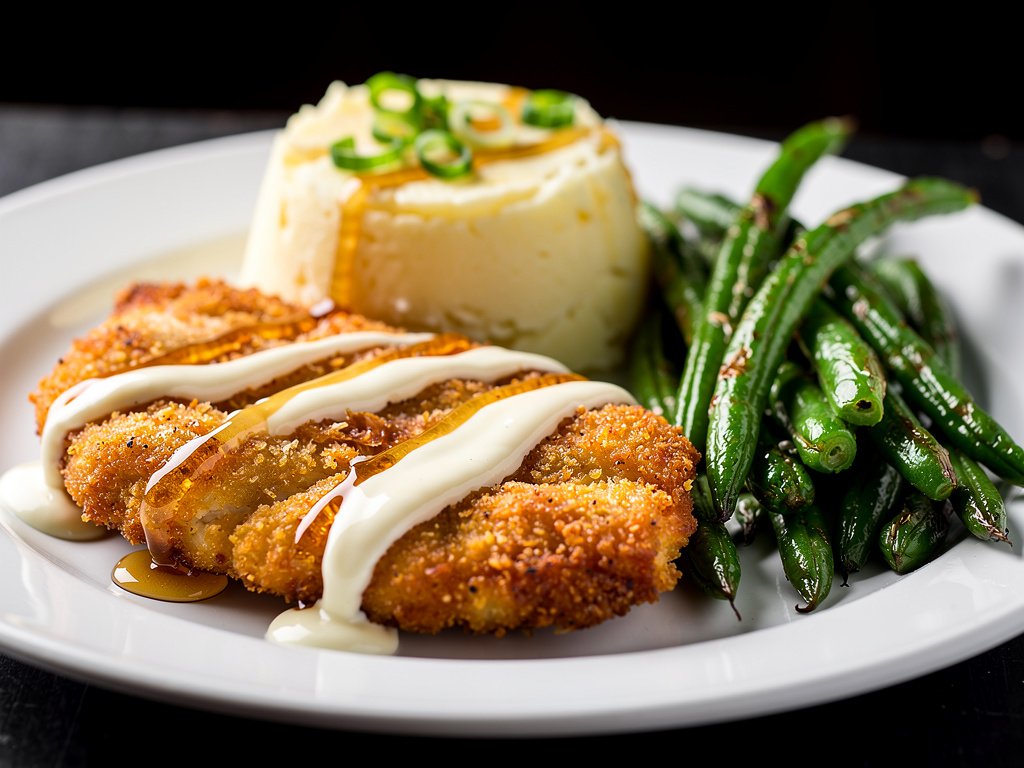 Crispy Buffalo Chicken Cutlets with Creamy Mashed Potatoes and Green Beans