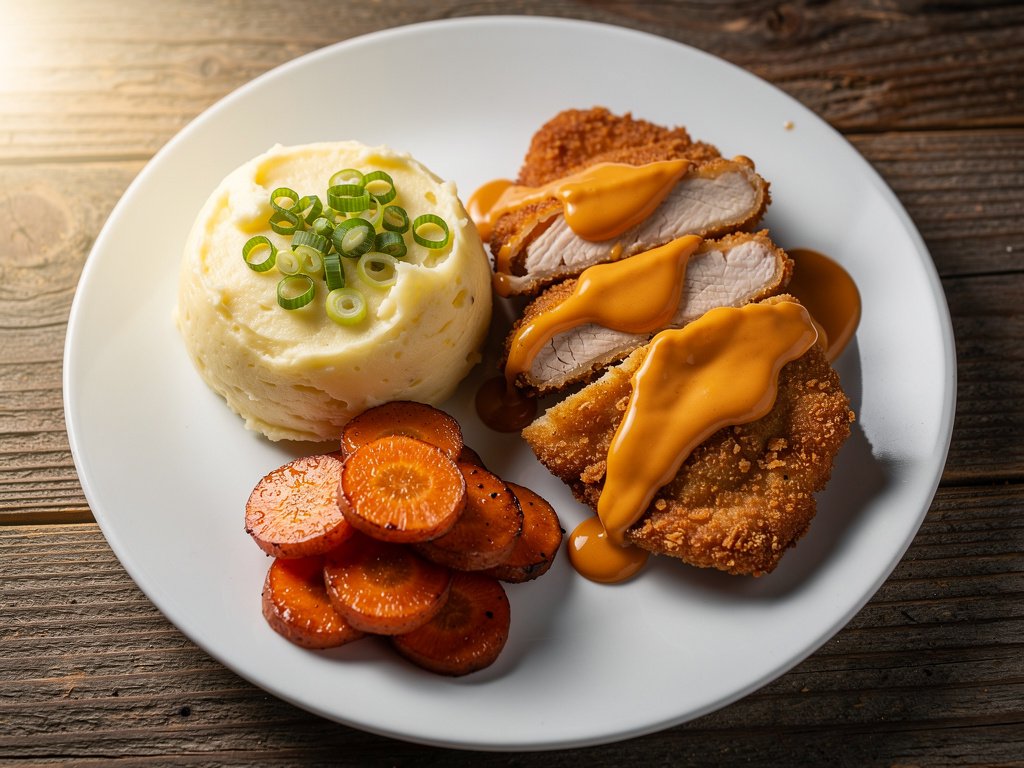 Crispy Buffalo Chicken Cutlets with Mashed Potatoes and Honey Drizzle