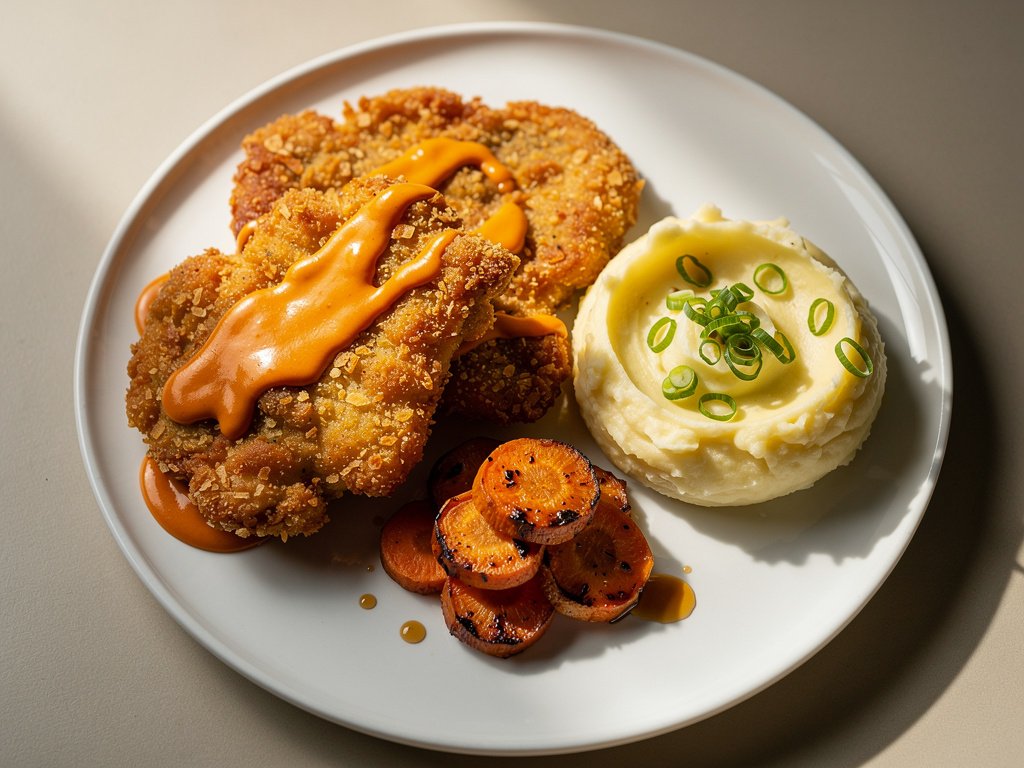 Crispy Buffalo Chicken Cutlets with Mashed Potatoes and Roasted Carrots