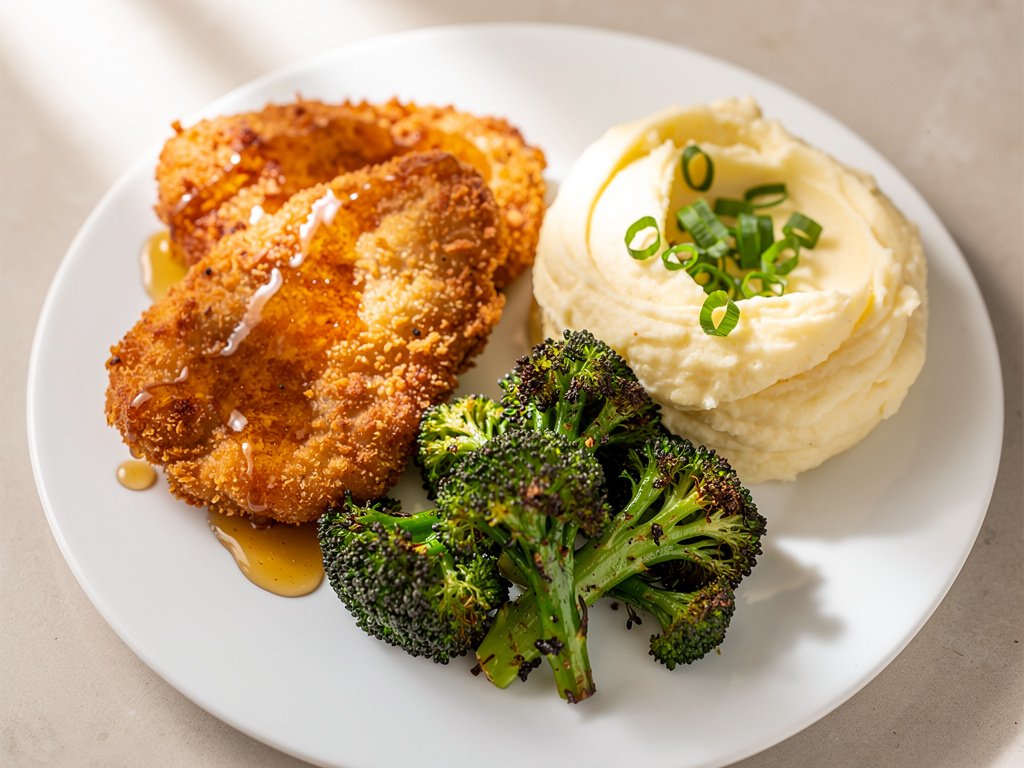 Crispy Buffalo Chicken with Mashed Potatoes and Buttery Broccoli