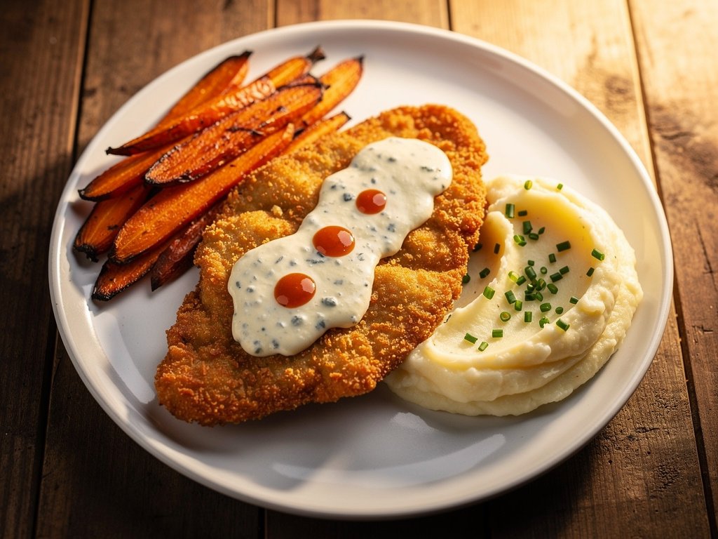 Crispy Buffalo-Spiced Chicken with Blue Cheese Sauce and Roasted Carrots