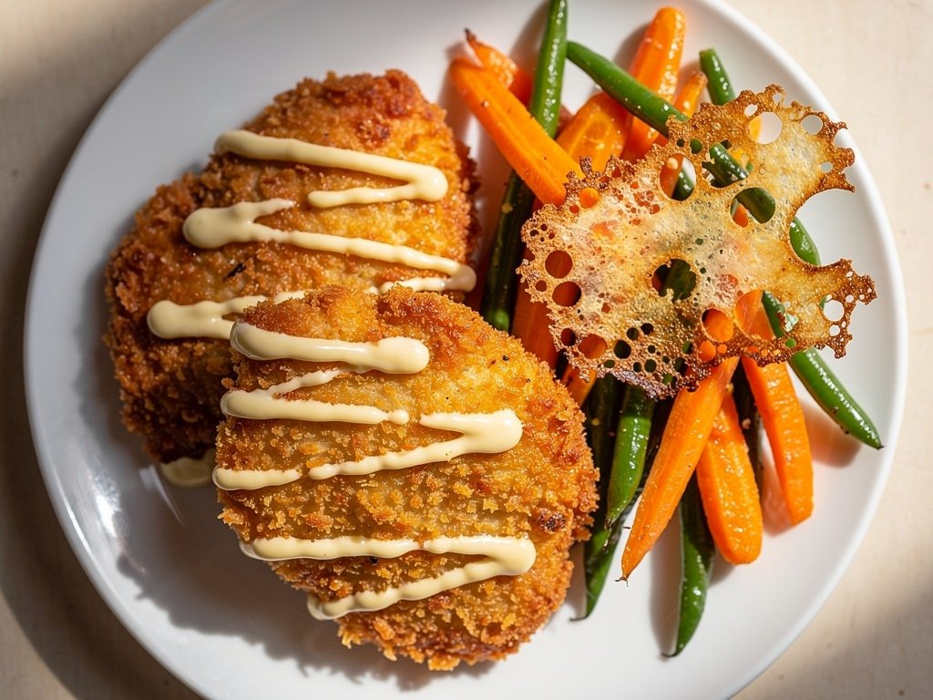 Crispy Caesar Chicken Cutlets with Parmesan Frico Roasted Vegetables