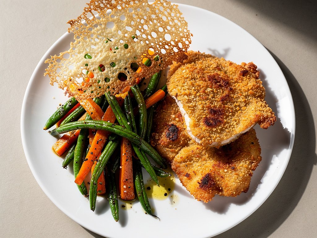 Crispy Caesar Chicken Cutlets with Parmesan Frico Roasted Vegetables