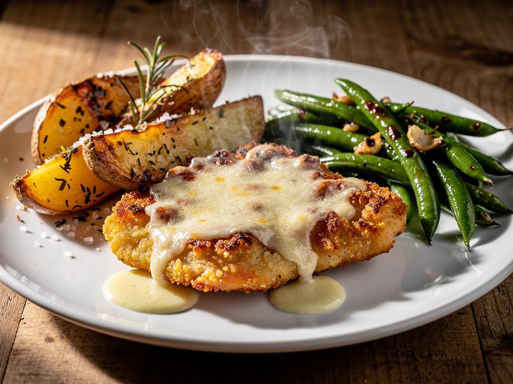 Crispy Caesar Chicken with Herby Potato Wedges and Roasted Green Beans