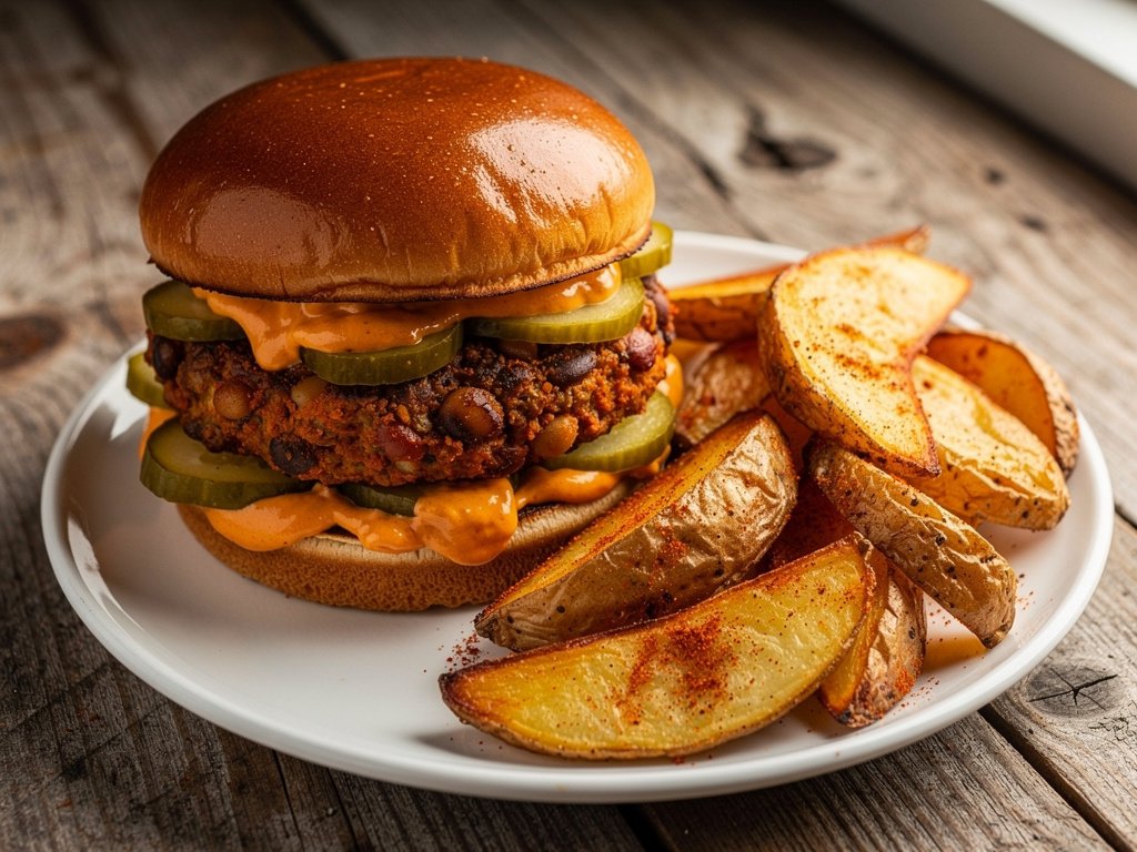 Crispy Cajun Bean Burgers with Potato Wedges and Secret Sauce