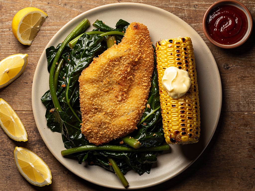 Crispy Cajun Catfish with Collard Greens and Grilled Corn