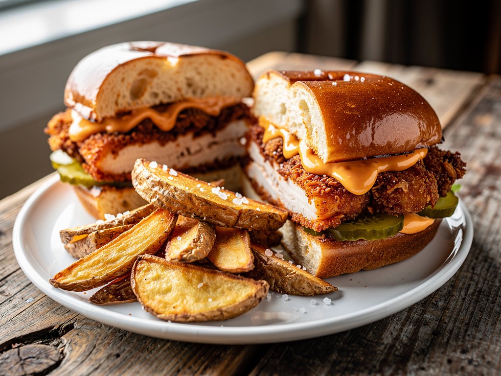 Crispy Cajun Chicken Sandwiches with Spicy Mayo and Potato Wedges
