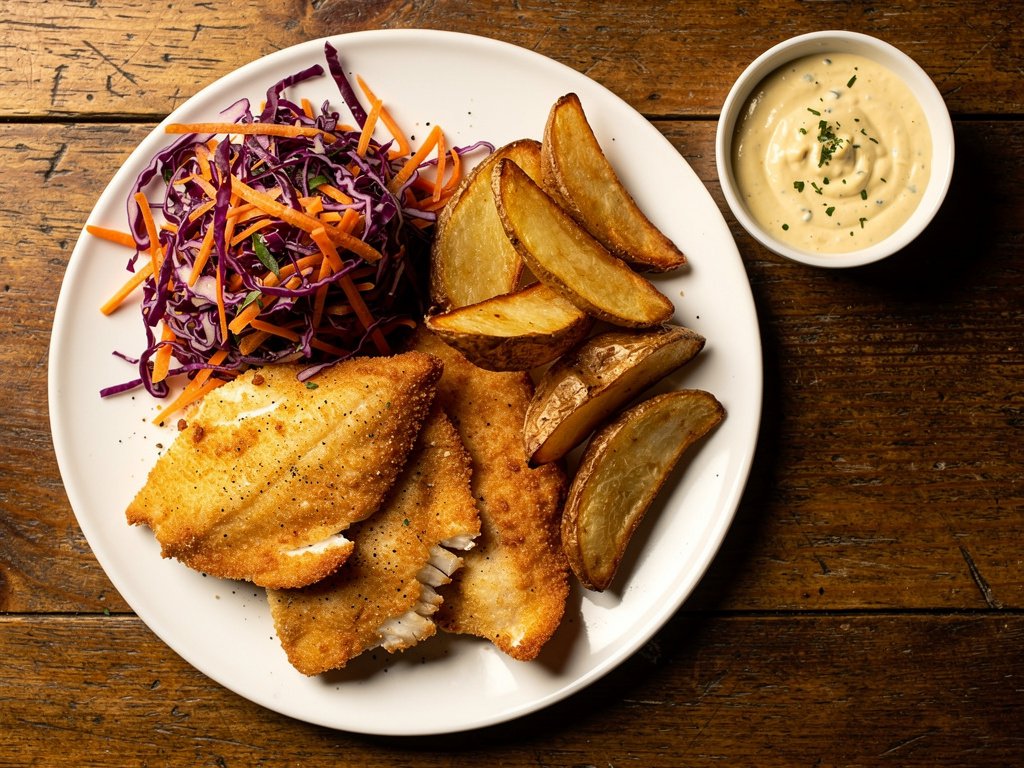 Crispy Cajun Tilapia with Potato Wedges and Red Cabbage Slaw