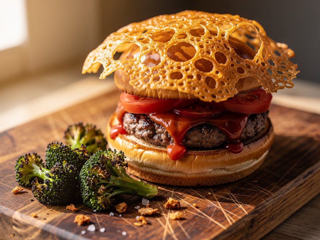 Crispy Cheddar Frico Burger with Caramelized Onion Jam and Roasted Broccoli
