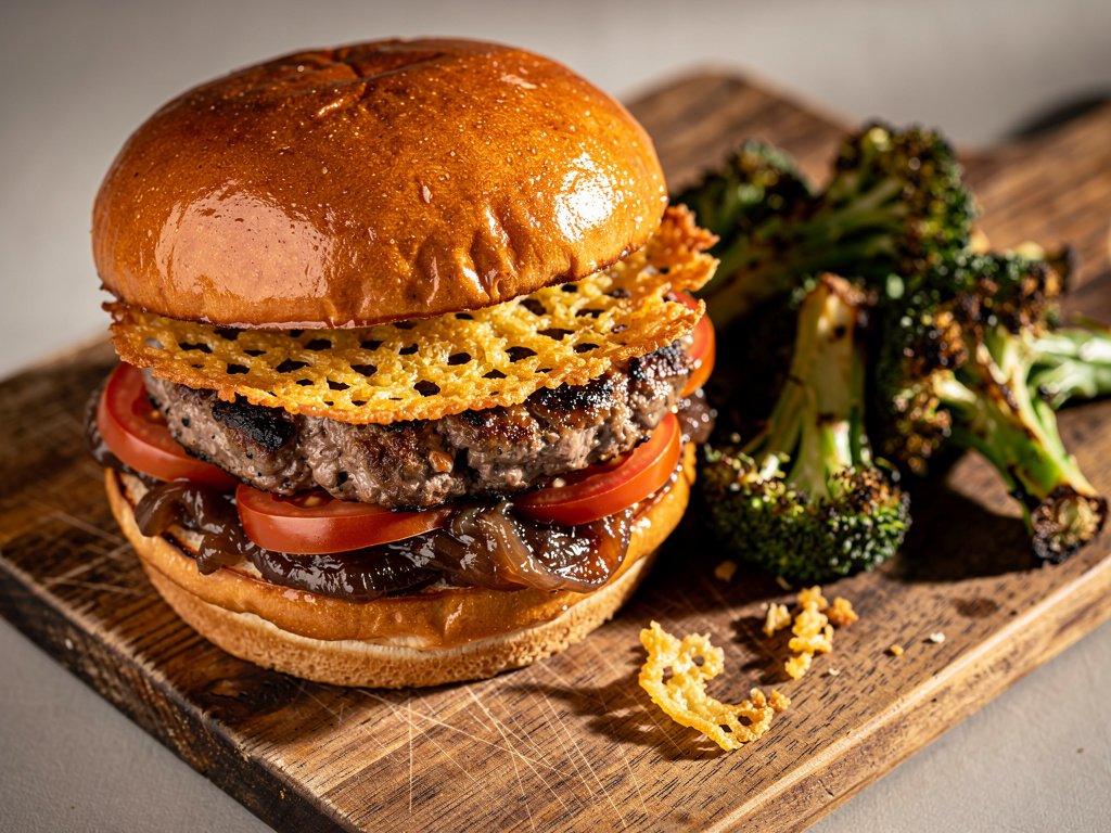 Crispy Cheddar Frico Burgers with Caramelized Onion Jam and Roasted Broccoli