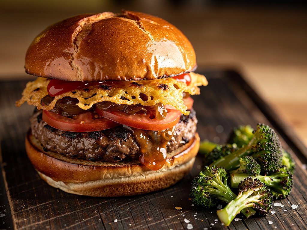 Crispy Cheddar Frico Cheeseburger with Caramelized Onion Jam and Roasted Broccoli