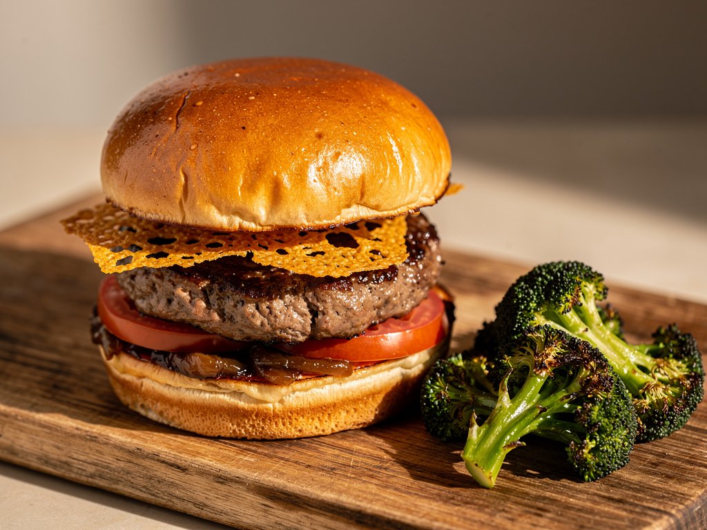 Crispy Cheddar Frico Cheeseburgers with Caramelized Onion Jam and Roasted Broccoli