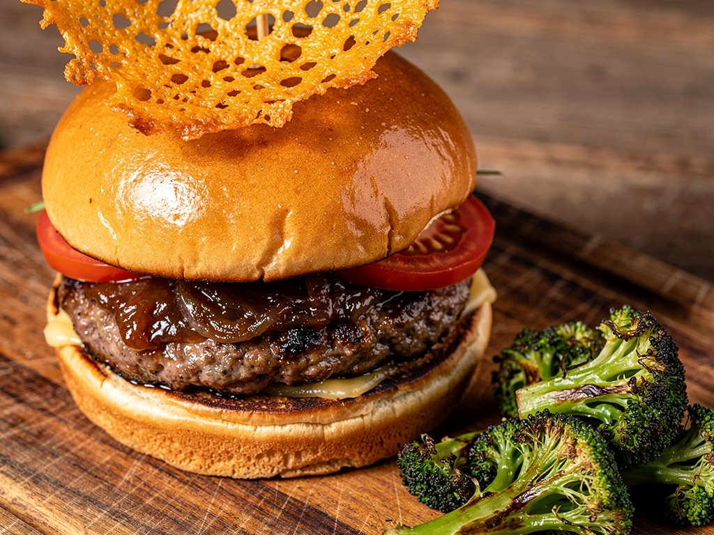 Crispy Cheddar Frico Cheeseburgers with Caramelized Onion Jam and Roasted Broccoli