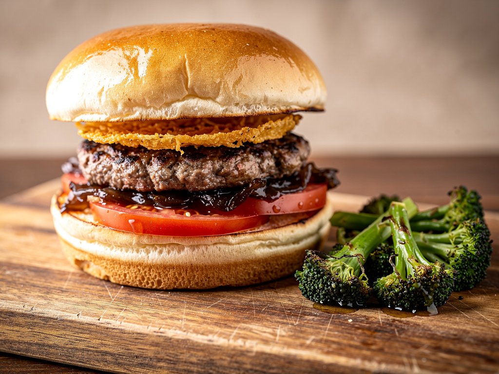 Crispy Cheddar Frico Cheeseburgers with Caramelized Onion Jam and Roasted Broccoli