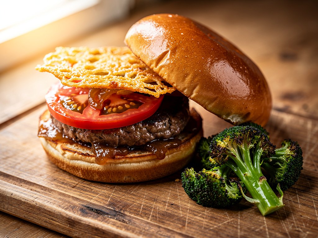 Crispy Cheddar Frico Cheeseburgers with Caramelized Onion Jam and Roasted Broccoli