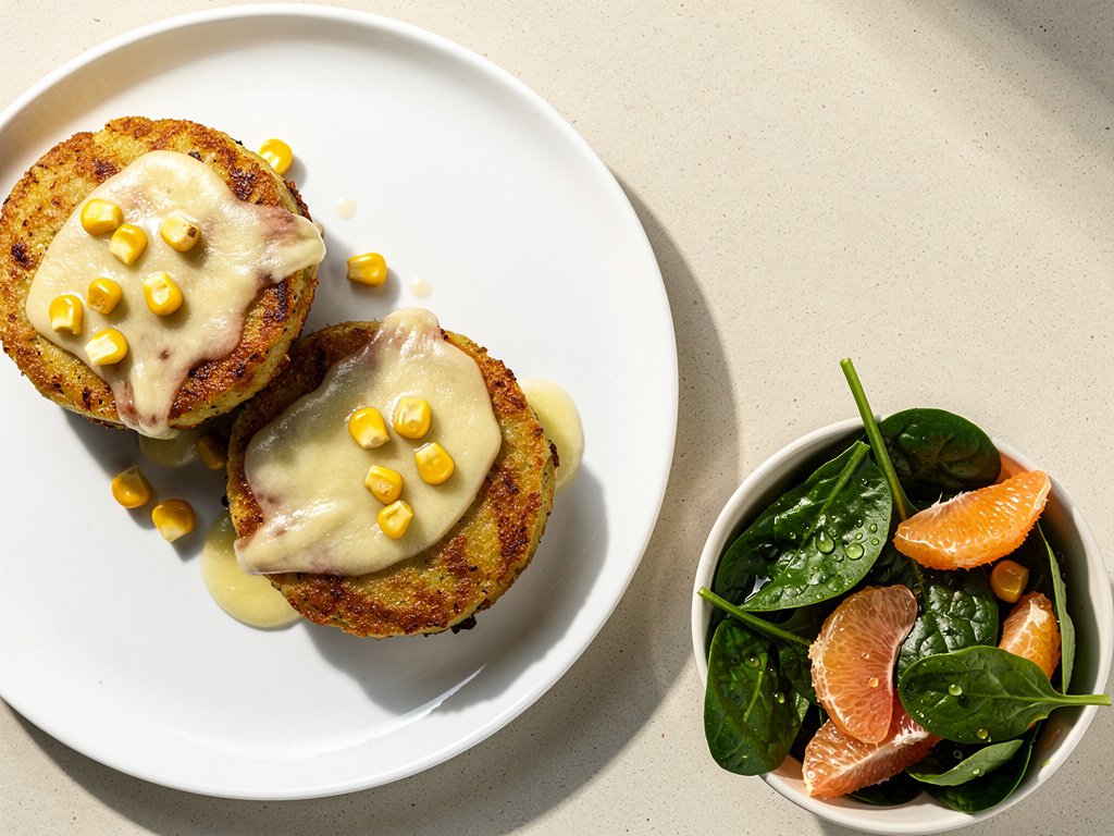 Crispy Cheesy Corn and Potato Cakes with Citrus Spinach Salad