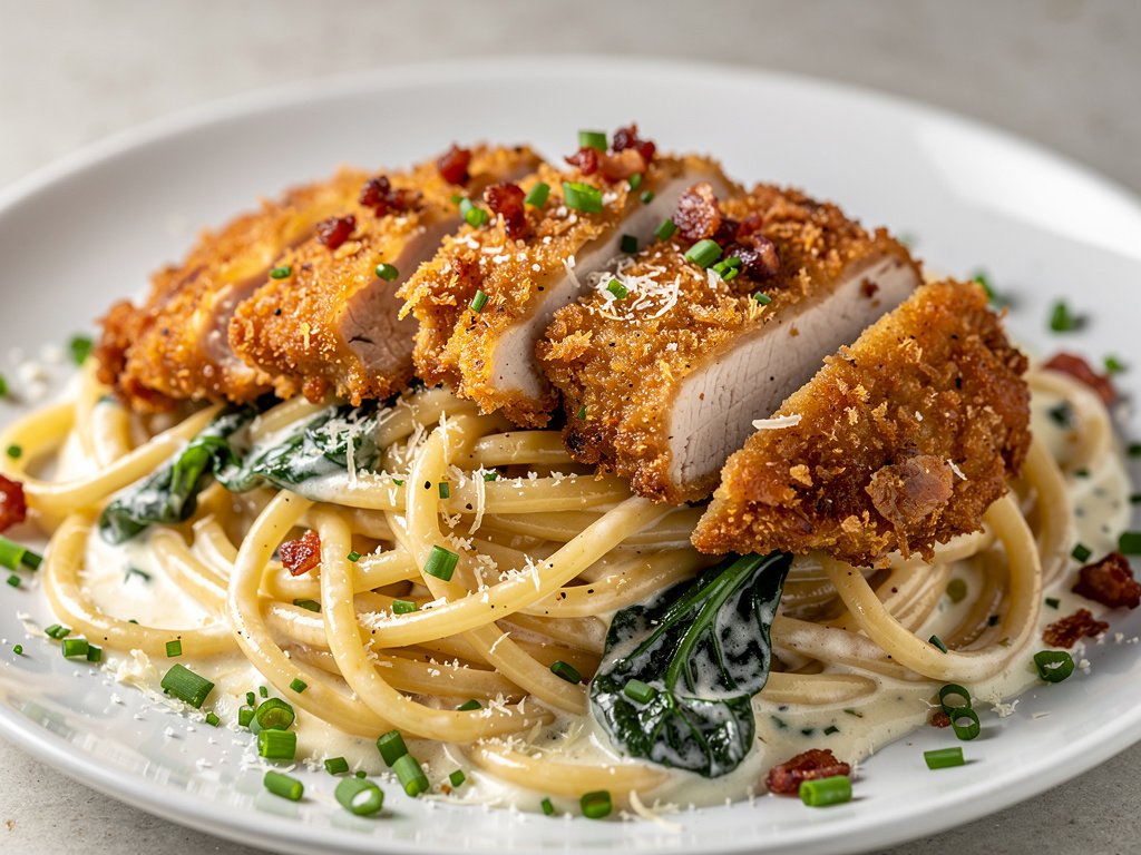 Crispy Chicken and Bacon Alfredo with Spinach and Parmesan