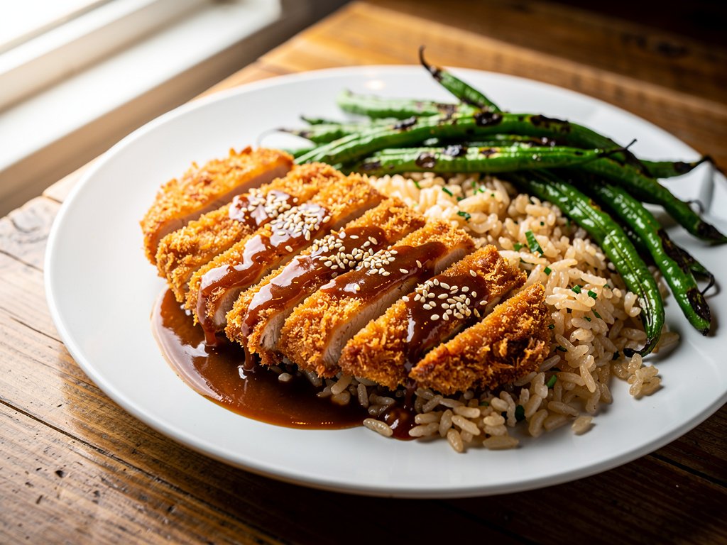 Crispy Chicken Katsu with Ginger Rice and Roasted Green Beans