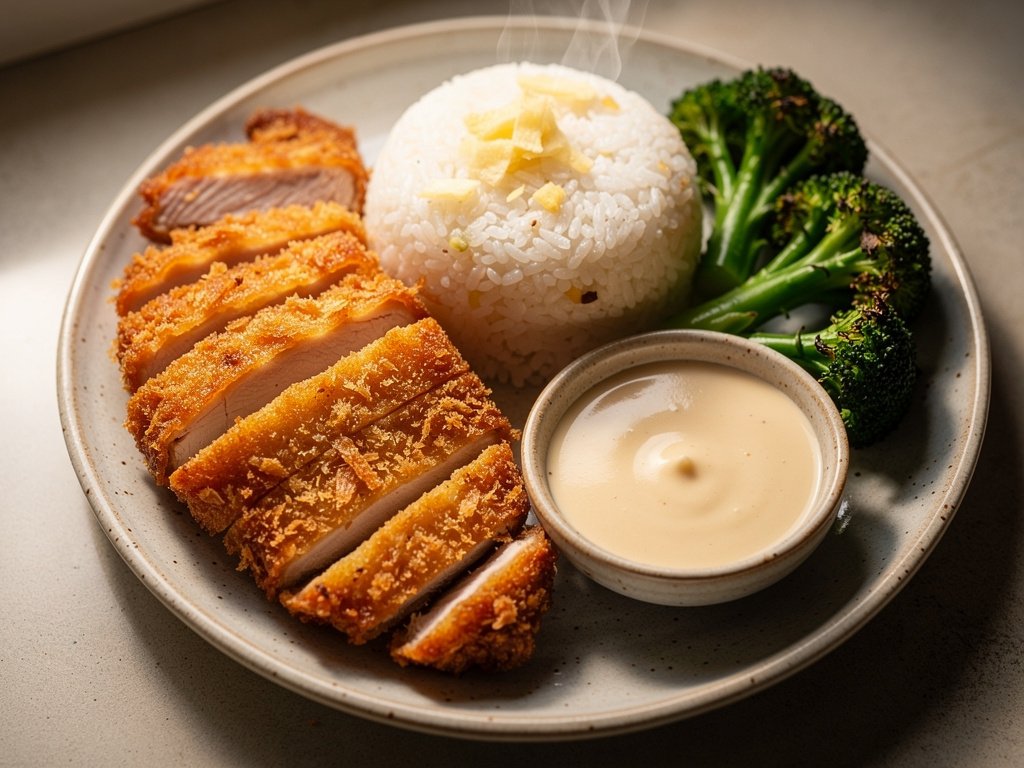 Crispy Chicken Katsu with Ginger Rice and Roasted Broccoli
