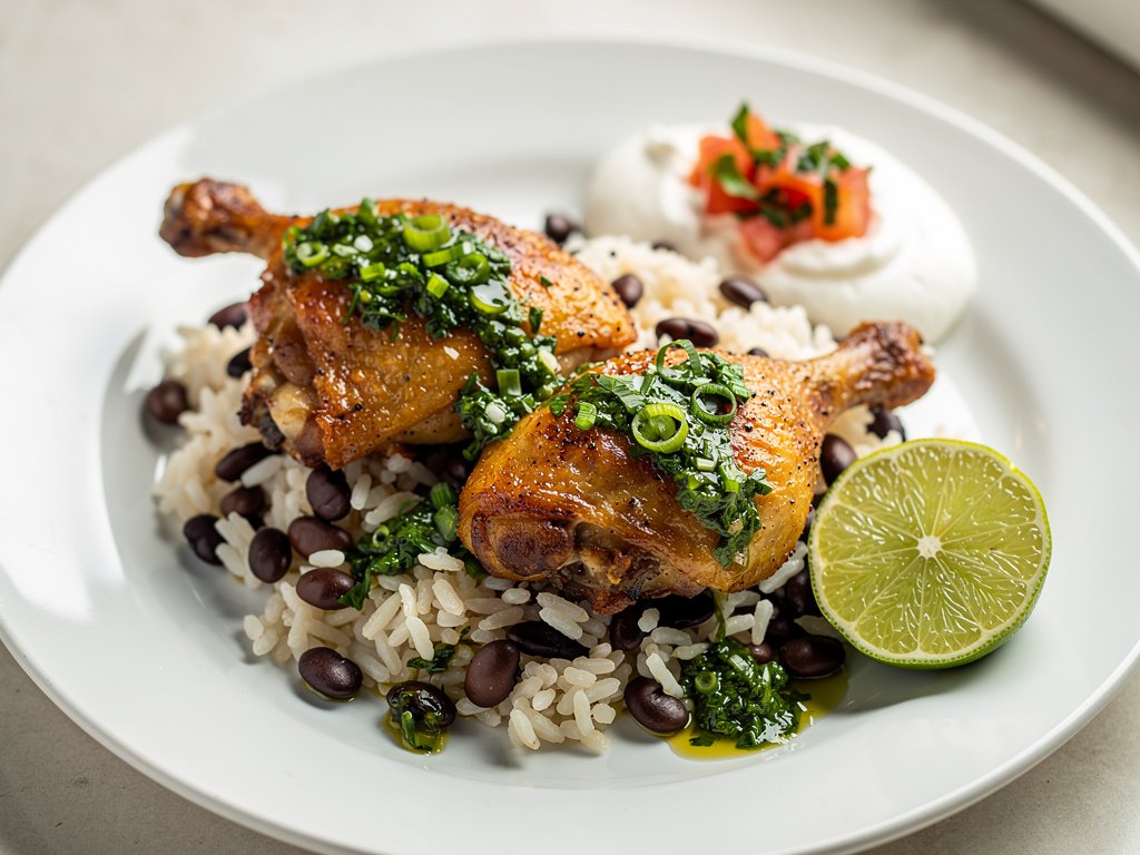 Crispy Pan-Seared Chicken Legs with Scallion Chimichurri, Black Beans, and Lime Rice